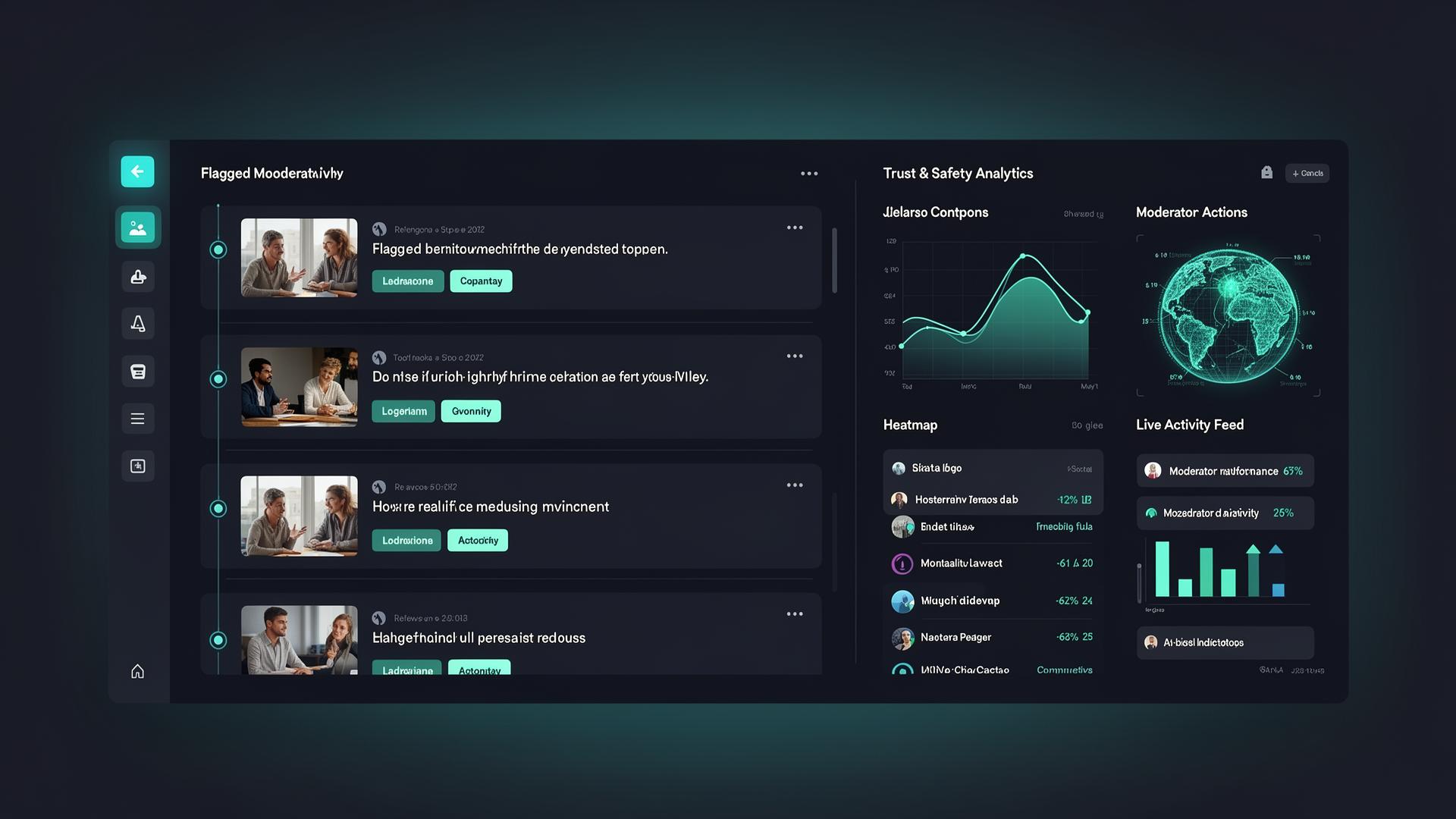MOD Squad moderation dashboard with flagged content, trust & safety analytics, heatmaps, and live activity